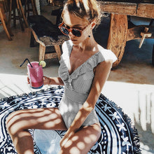 Load image into Gallery viewer, PLAVKY 2019 Sexy Female Retro V Neck Blue Striped Swimsuit One Piece Ruffled Push Up Padded High Waist Swimwear Women Monokini-EthioTELL