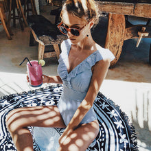 Load image into Gallery viewer, PLAVKY 2019 Sexy Female Retro V Neck Blue Striped Swimsuit One Piece Ruffled Push Up Padded High Waist Swimwear Women Monokini-EthioTELL