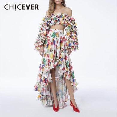 CHICEVER Summer Vintage Print Ruffles Women Two Piece Suit Slash Neck Puff Sleeve Short Top With High Waist Irregular Skirt New-Women's Clothing-EthioTELL